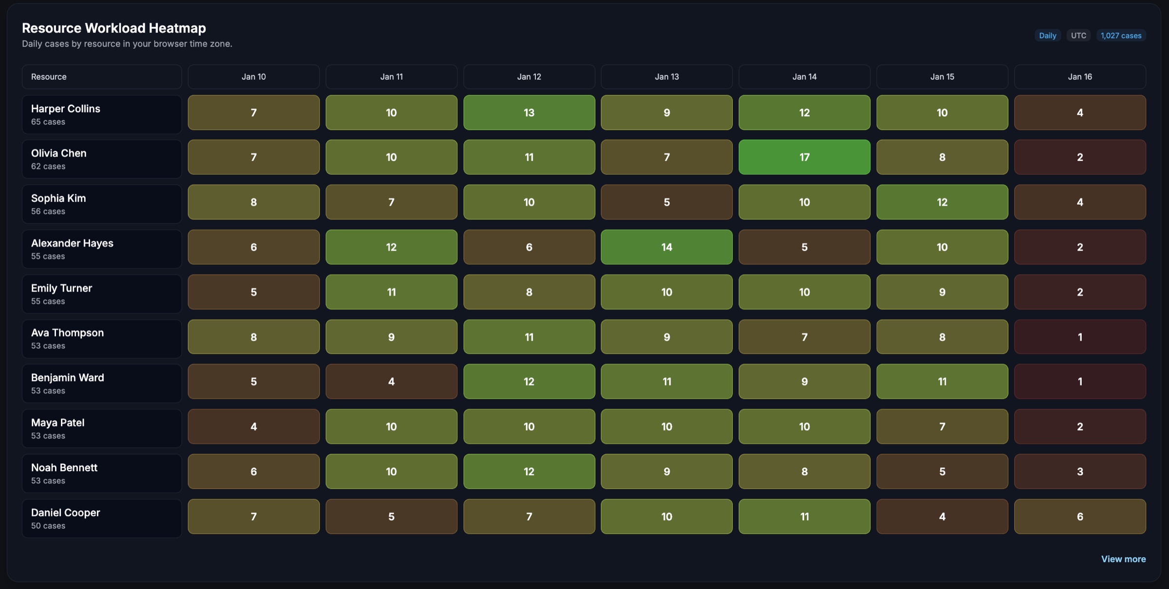 Workload Heatmap showing daily case volume by resource